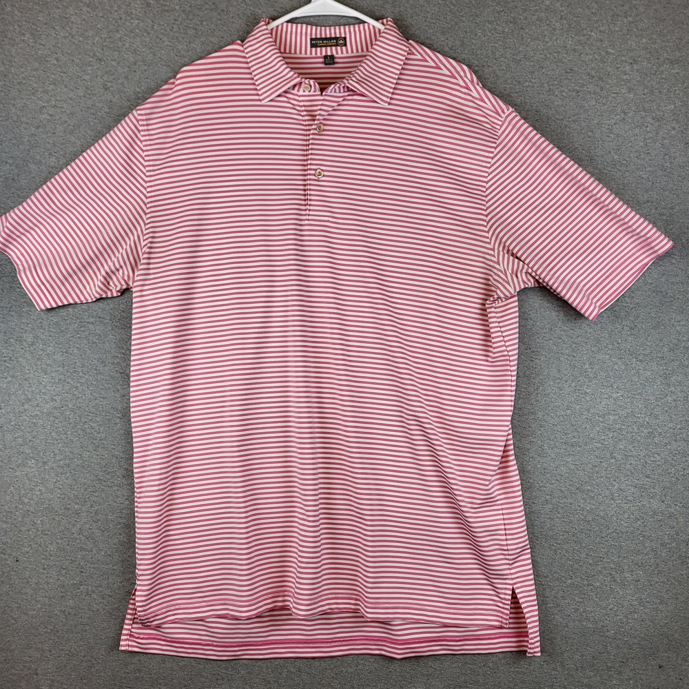 Peter Millar Summer Comfort Polo Shirt Men Large Pink Stripe Stretch Golf Casual